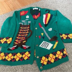 Karen Scott Hand Knits Golf-Themed Cardigan Chunky Sweater M Green & Multicolour